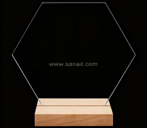 Portatarjetas de mesa de acrílico transparente personalizado con base de madera