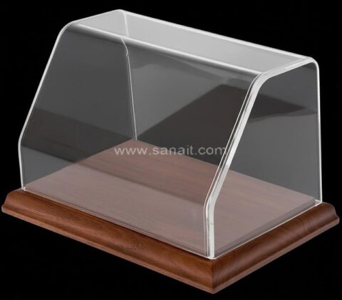 Vetrina frontale inclinata in acrilico trasparente su misura con base in legno duro