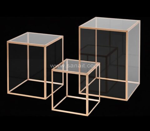 Stackable Clear Acrylic Display Pedestal Stands With Gold Rims