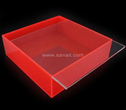 Contenedor de acrílico rojo transparente con tapa deslizante a medida