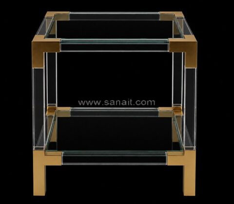 Modern Clear Acrylic and Brass End Table with Glass Shelves