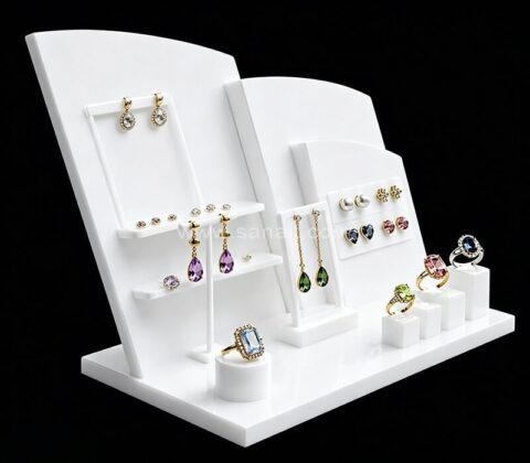Ensemble de présentoirs à bijoux en acrylique blanc pour comptoir