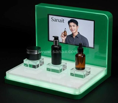Espositore da banco personalizzato in acrilico con illuminazione a LED per cosmetici