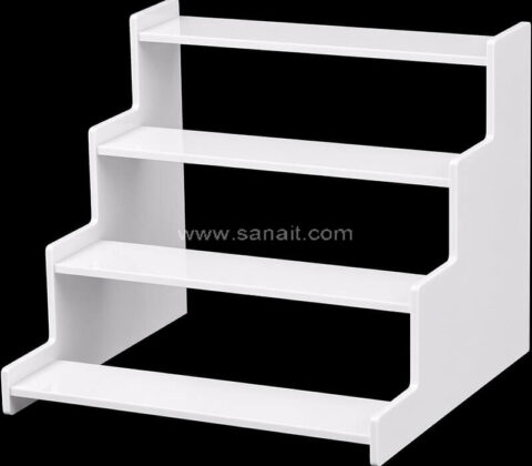 Présentoir surélevé en acrylique blanc à 4 niveaux, sur mesure