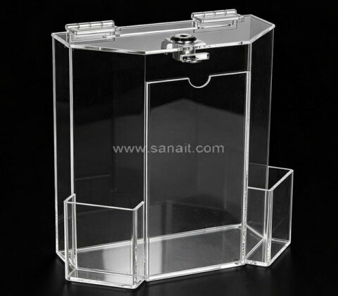 Individuell gestaltbare, abschließbare Spendenbox aus transparentem Acryl mit Schildhalter und Seitentaschen