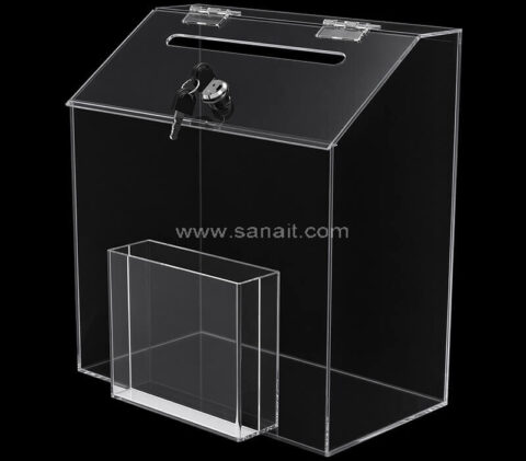 Caja de sugerencias de acrílico transparente personalizada con cierre y bolsillo lateral