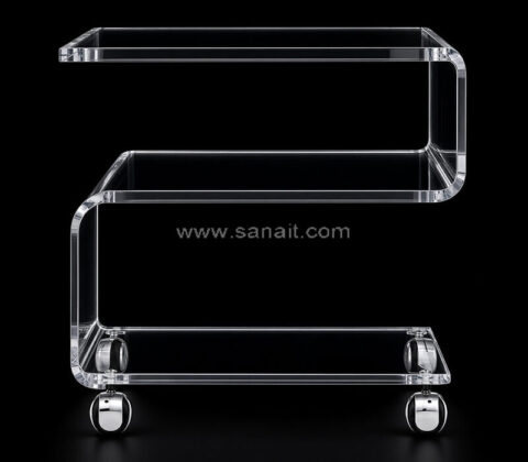 Table d'appoint personnalisée en acrylique transparent, à pieds en zigzag et avec étagères